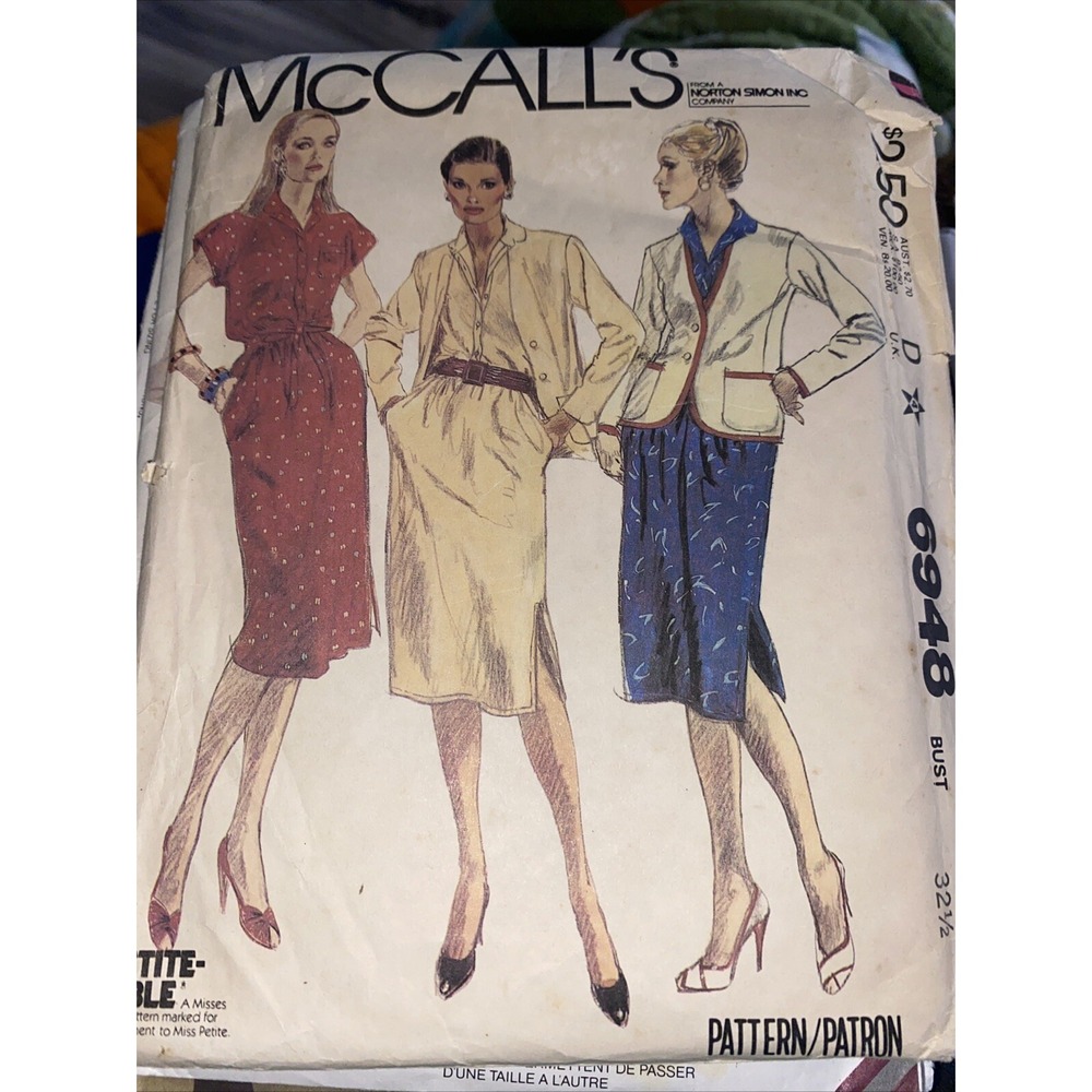 McCALL'S 6948 PATTERN 1980 SZ 10 MISSES' JACKET DRESS BELT Cut & Complete